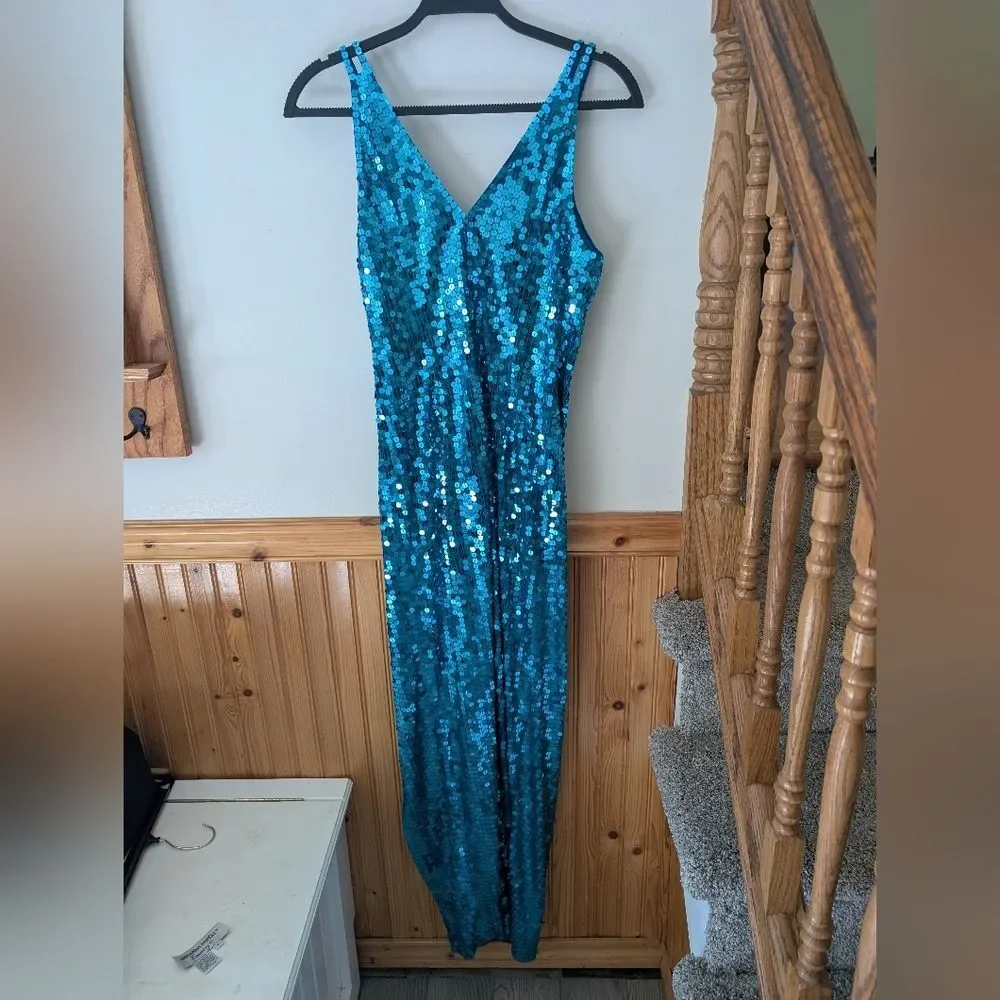 Vintage‎ Adrianna Papell Column Formal Sequin Blue Maxi Dress Gown Size 10 - Picture 10 of 10